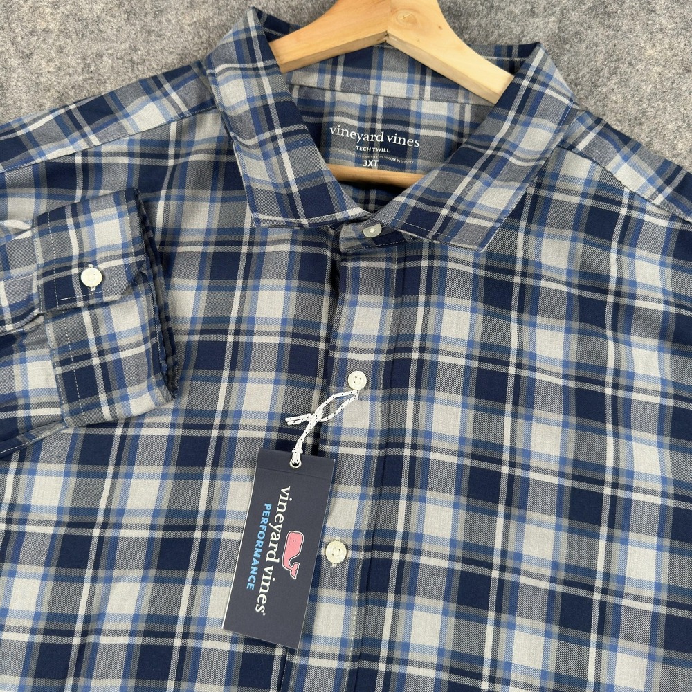 Vineyard Vines Tech Twill Shirt Mens 3XLT Gray Plaid Stretch Long Sleeve